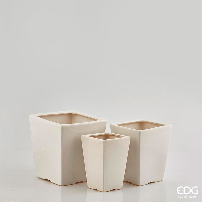 EDG Enzo De Gasperi Set 3 Vasi Quadrati Svasati in Ceramica Gres H29 H25 H23 cm Bianco
