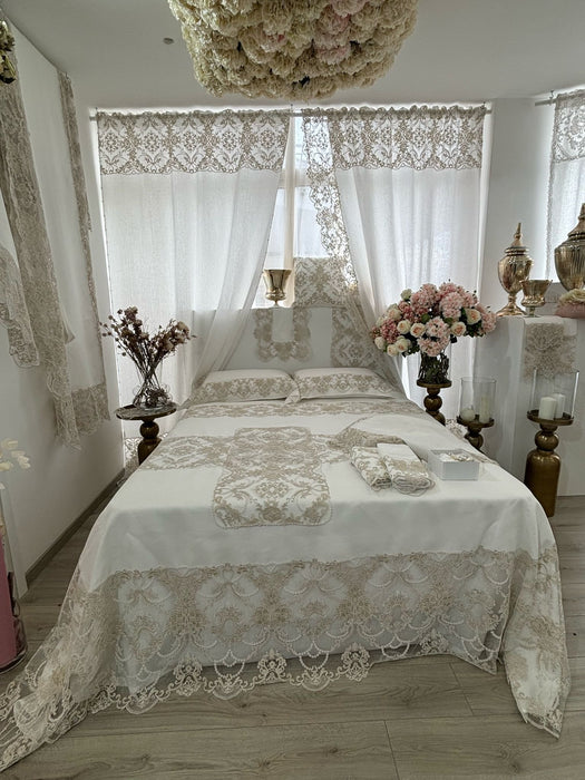 Coperta matrimoniale in lino e pizzo panna e oro - Fiori di Lena