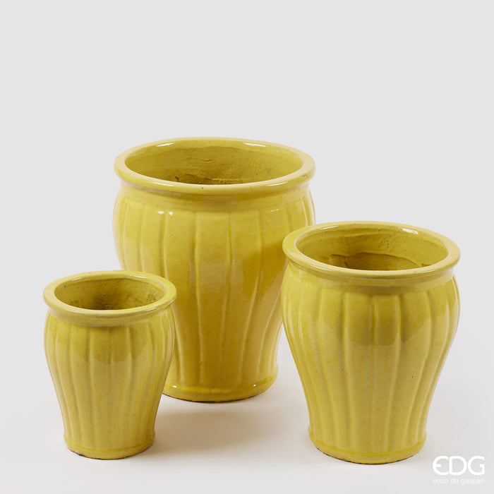 EDG Enzo De Gasperi Set 3 Vasi Glaze Righe Svasato in Ceramica Giallo