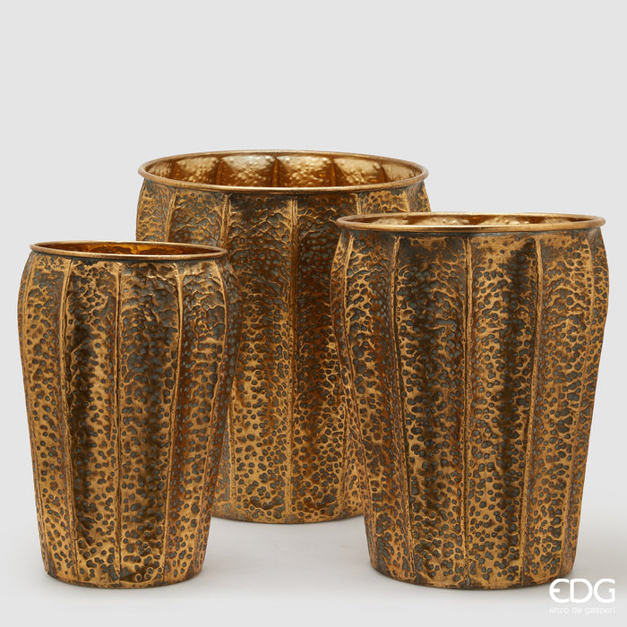 EDG Enzo De Gasperi Set 3 Vasi Martellati in Metallo Oro