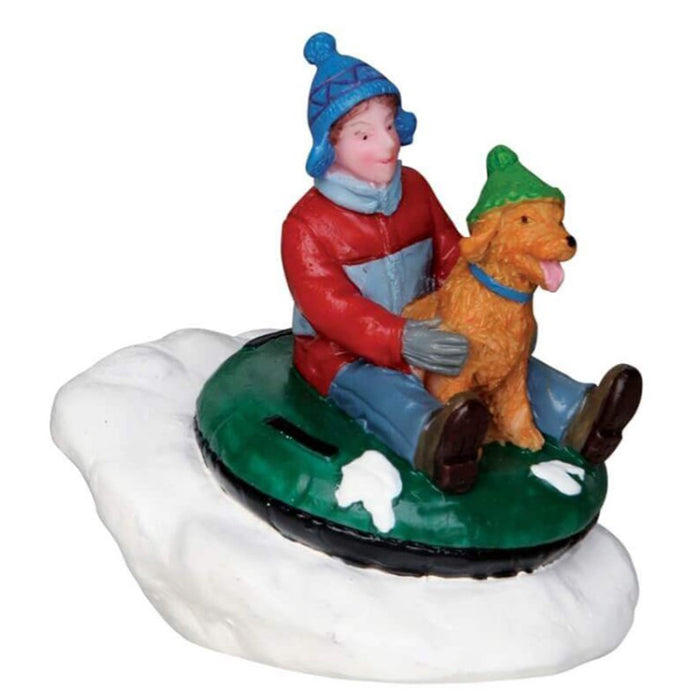 LEMAX Bambino con cane "Tubing Buddies" in poliresina H5,5 x 4,5 x 5 cm