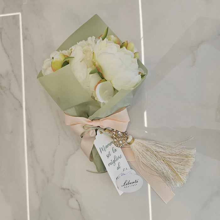 Mini Bouquet con Fiori Profumati panna e Portachiavi Gioiello