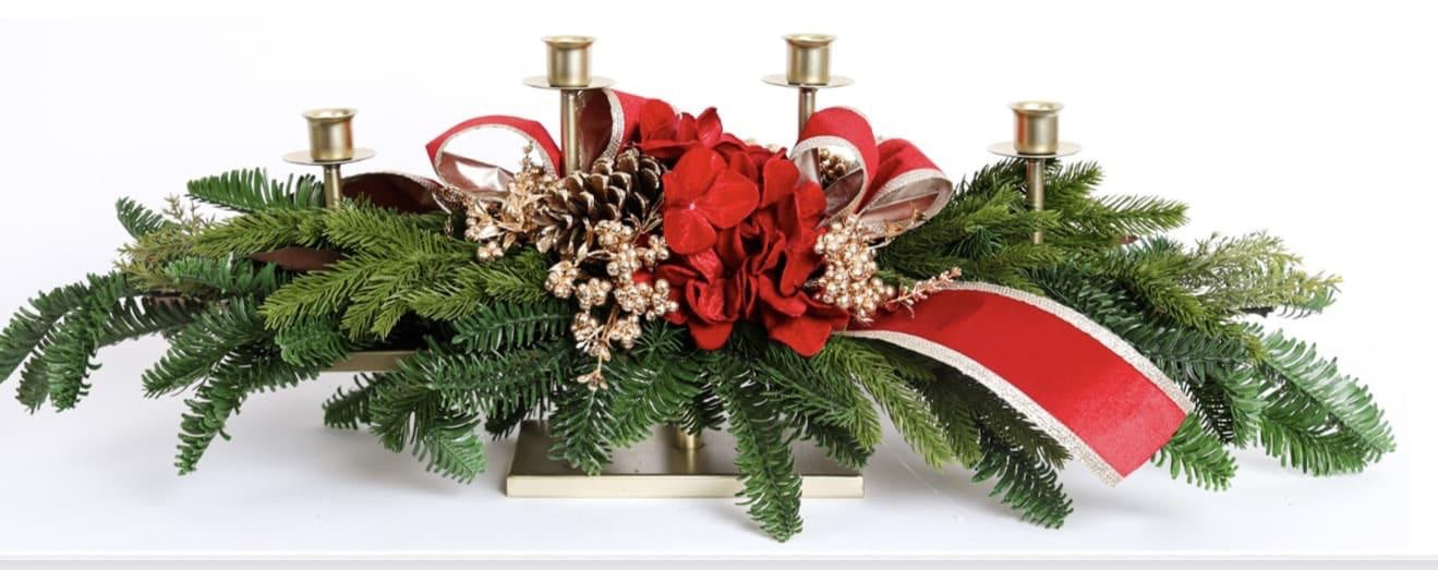 Centrotavola con Candeliere 4 fiamme rosso L 80cm - Fiori di Lena