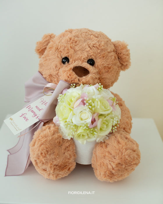 Teddy con Fiocco Verde e Bouquet di Rose H35