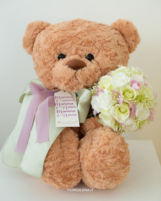 Teddy Medio con Fiocco e Bouquet di Rose H45