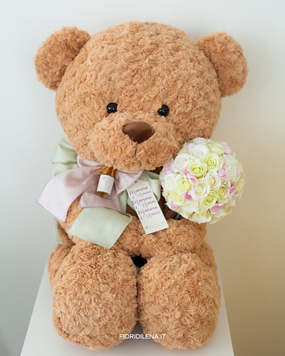 Teddy Maxi con Fiocco e Bouquet di Rose H65