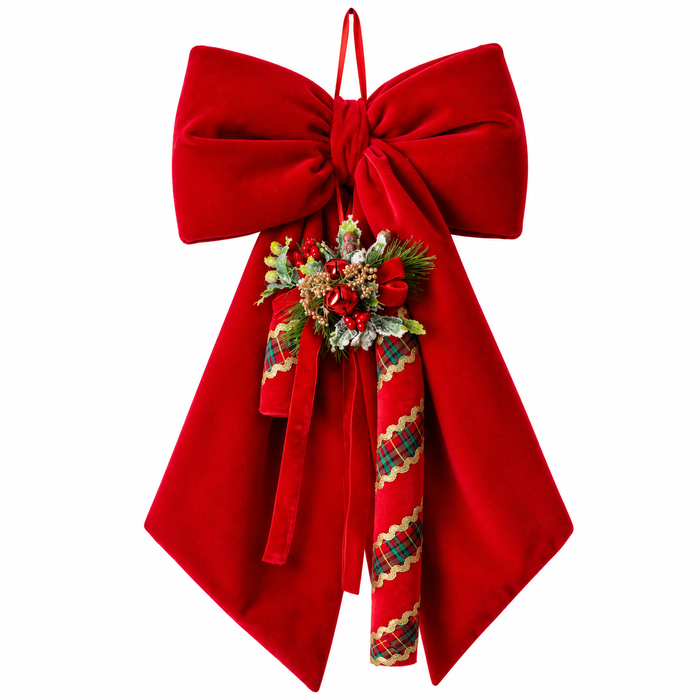 Fiori Di Lena Doppio Fiocco con Candy Cane in Velluto Rosso H55