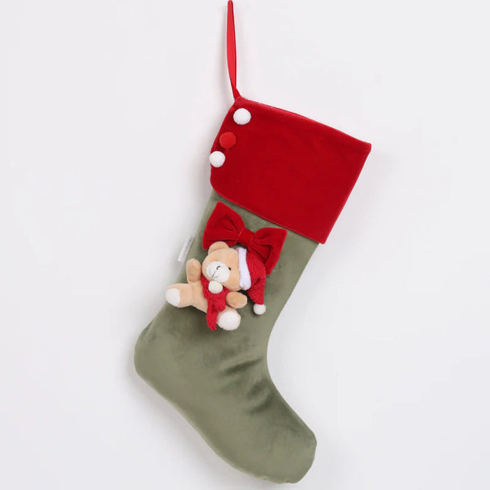 Calza Natalizia in Velluto Verde con Orsetto 43 cm - Fiori di Lena
