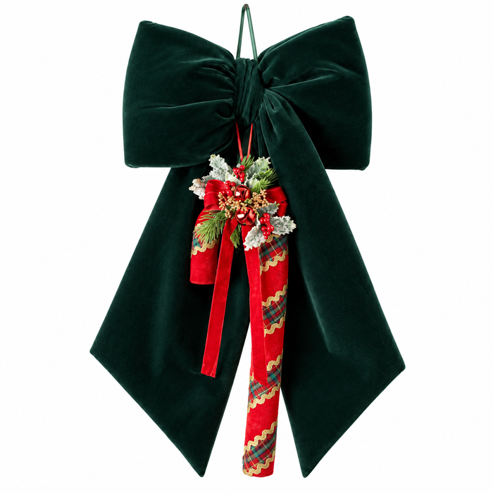 Fiori Di Lena Doppio Fiocco con Candy Cane in Velluto Verde H55