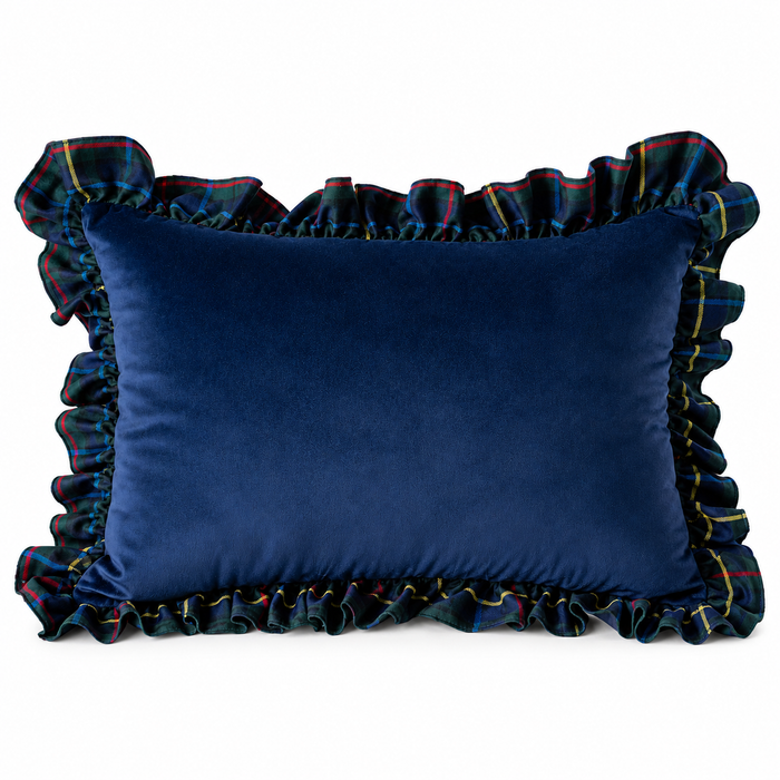 Fiori Di Lena Cuscino Rettangolare con Rouches Scozzese Blu 60x40