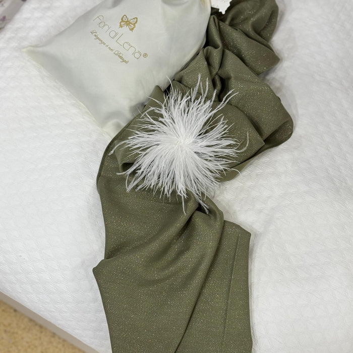 Foulard Seta  200x70 con Applicazione Piuma Verde Oliva