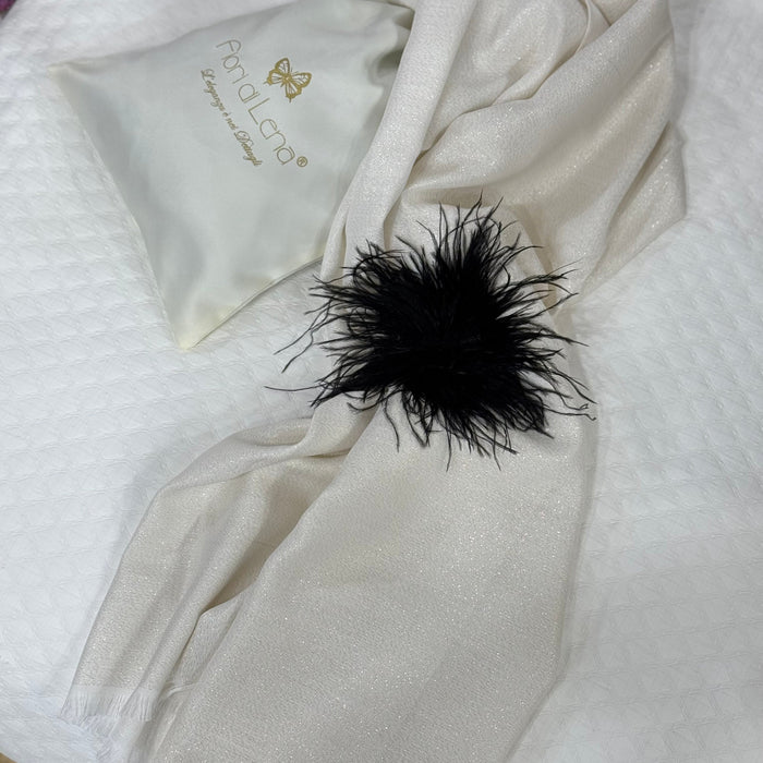 Foulard Seta con Applicazione Piuma Verde Panna