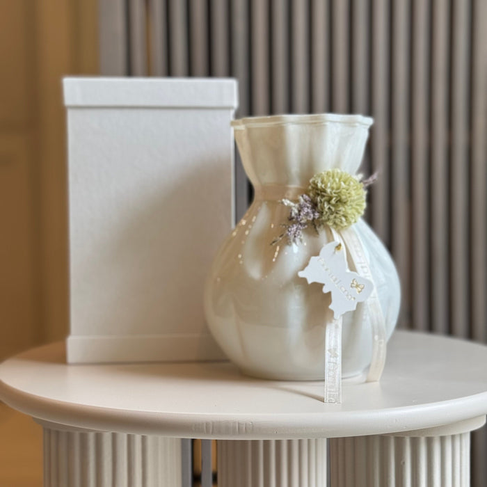 Bomboniera Fiori Di Lena Vasetto in Vetro con Dalia e Nebbiolina H20 Bianco