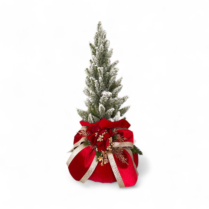 Pouf in Velluto Rosso con Alberello Innevato e Fiocco 50 h cm - Fiori di Lena