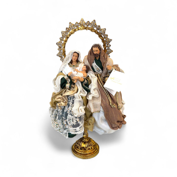 Sacra Famiglia in Resina con Abiti Avorio e Verde Bosco su Base Oro 36 cm - Fiori di Lena
