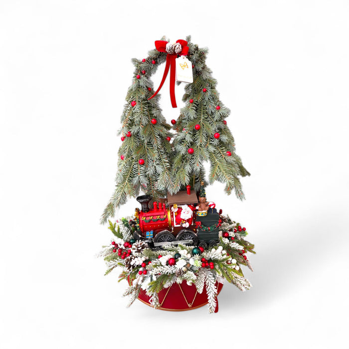 Cesto Tamburello Rosso Natalizio con Trenino 38×75 cm - Fiori di Lena