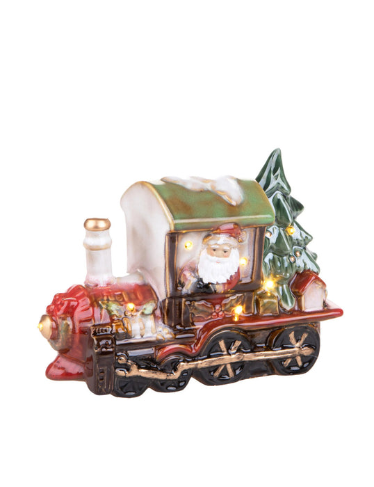 Babbo Natale su locomotiva con LED in porcellana - Addobbo di Natale