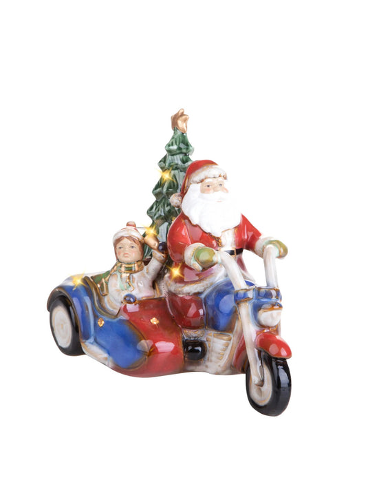 Babbo Natale su sidecar con LED in porcellana - Addobbo di Natale