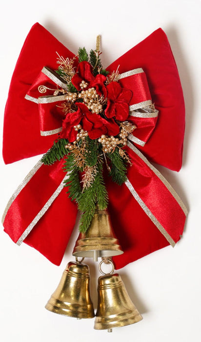 Fiocco in velluto rosso con pigne e campanacci H55 cm - Fiori di Lena