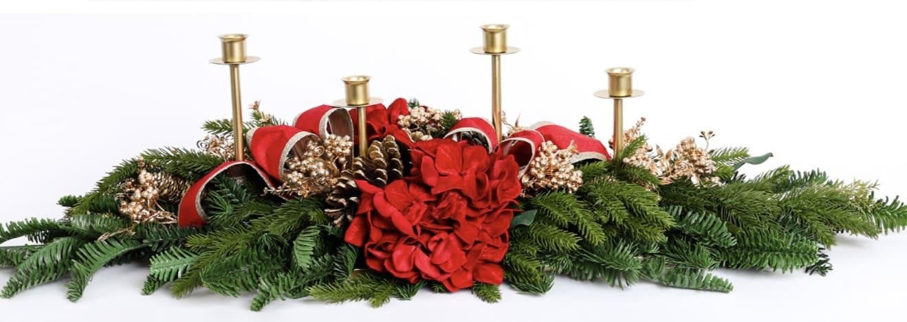 Centrotavola con Candeliere 4 fiamme rosso - Fiori di Lena