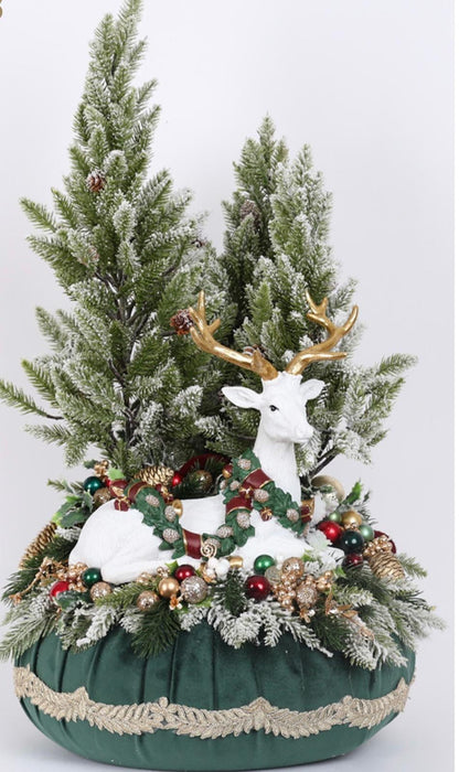 Pouf velluto verde inglese con renna e alberelli D45x75cm -  Fiori di Lena