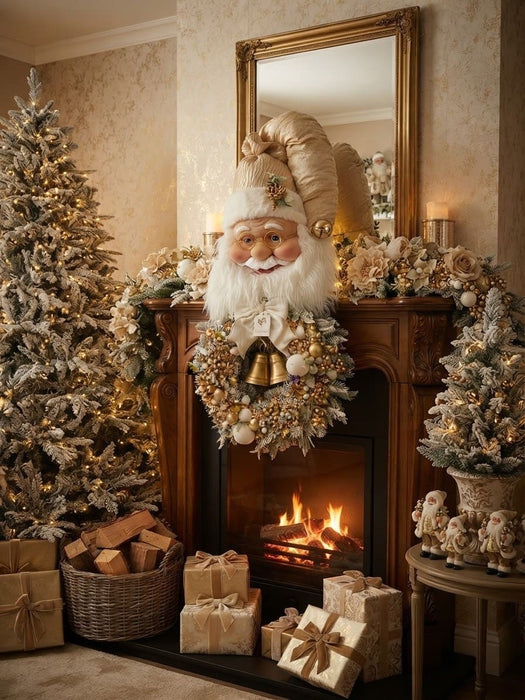 Testa babbo natale avorio con ghirlanda fiori di lena