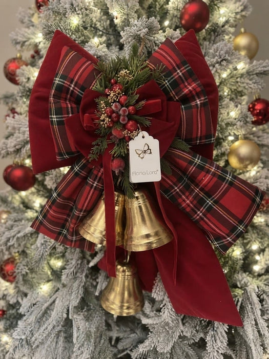 Fiocco sartoriale in tartan con campanacci oro 55cm fiori lena