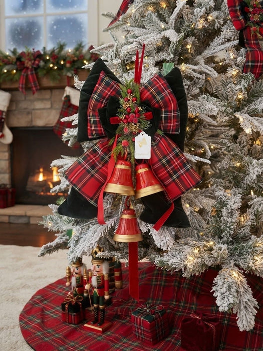 Fiocco sartoriale in tartan con campanacci rossi e oro 50cm fiori di lena