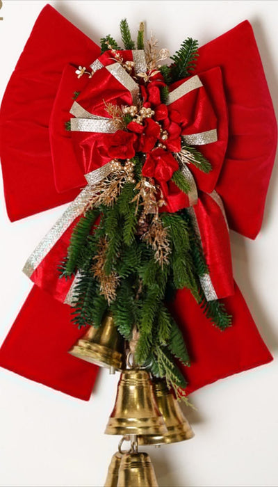 Fiocco in velluto con decorazione natalizia e pino pendente e campanacci 75 cm - Fiori di Lena