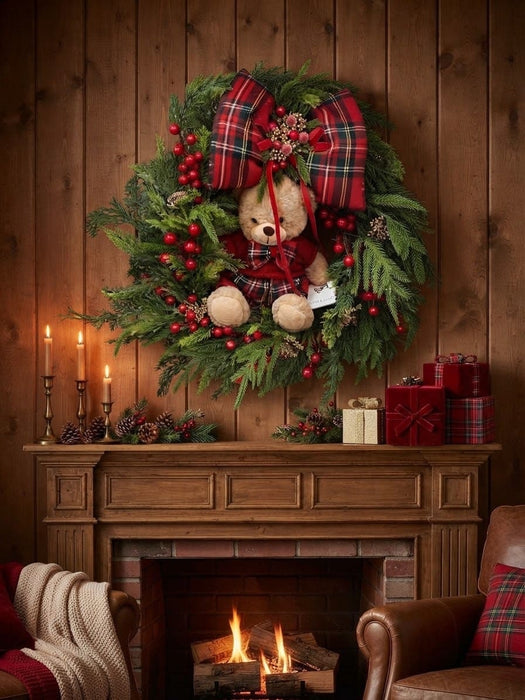 Ghirlanda con teddy tartan fiori di lena