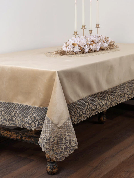 Tovaglia in velluto nocciola 2.80×1.70cm con pizzo oro - Fiori di Lena