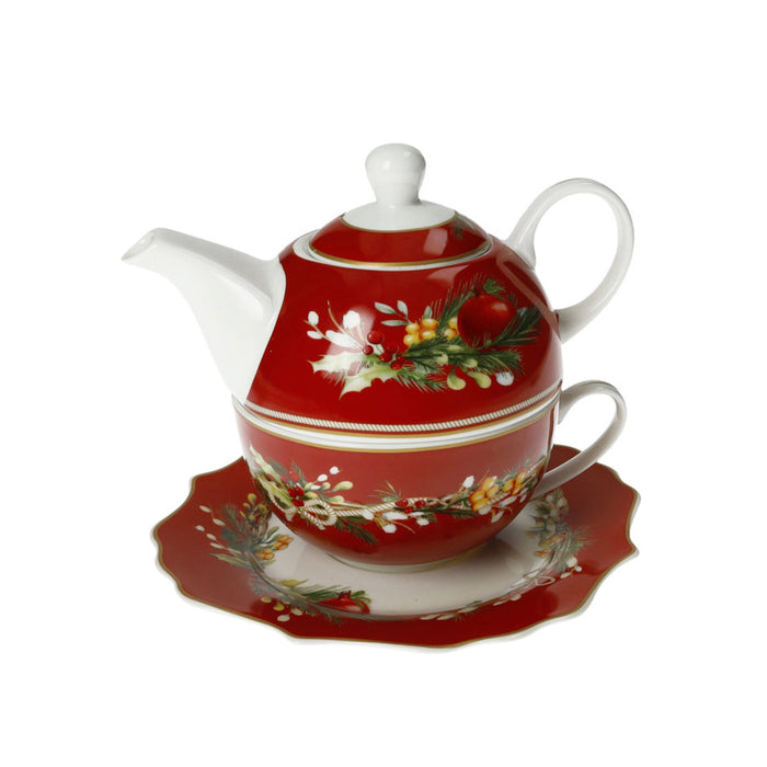 Brandani Set Teiera con Tazza e Piattino Carol in Porcellana Rosso