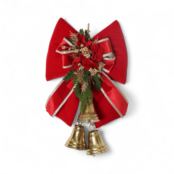 Fiocco in Velluto Rosso con Campane e Rami di Pino 55 cm - Fiori Di Lena