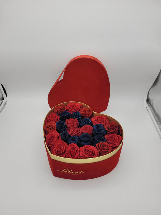 BOX cuore velluto rosso con rose rosse e blu