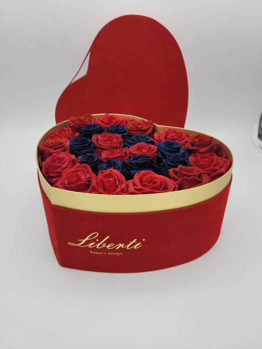 BOX cuore velluto rosso con rose rosse e blu