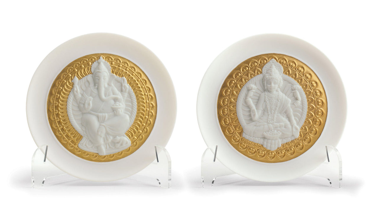 Set piatti decorativi dea Lakshmi e Lord Ganesha. Lustro oro